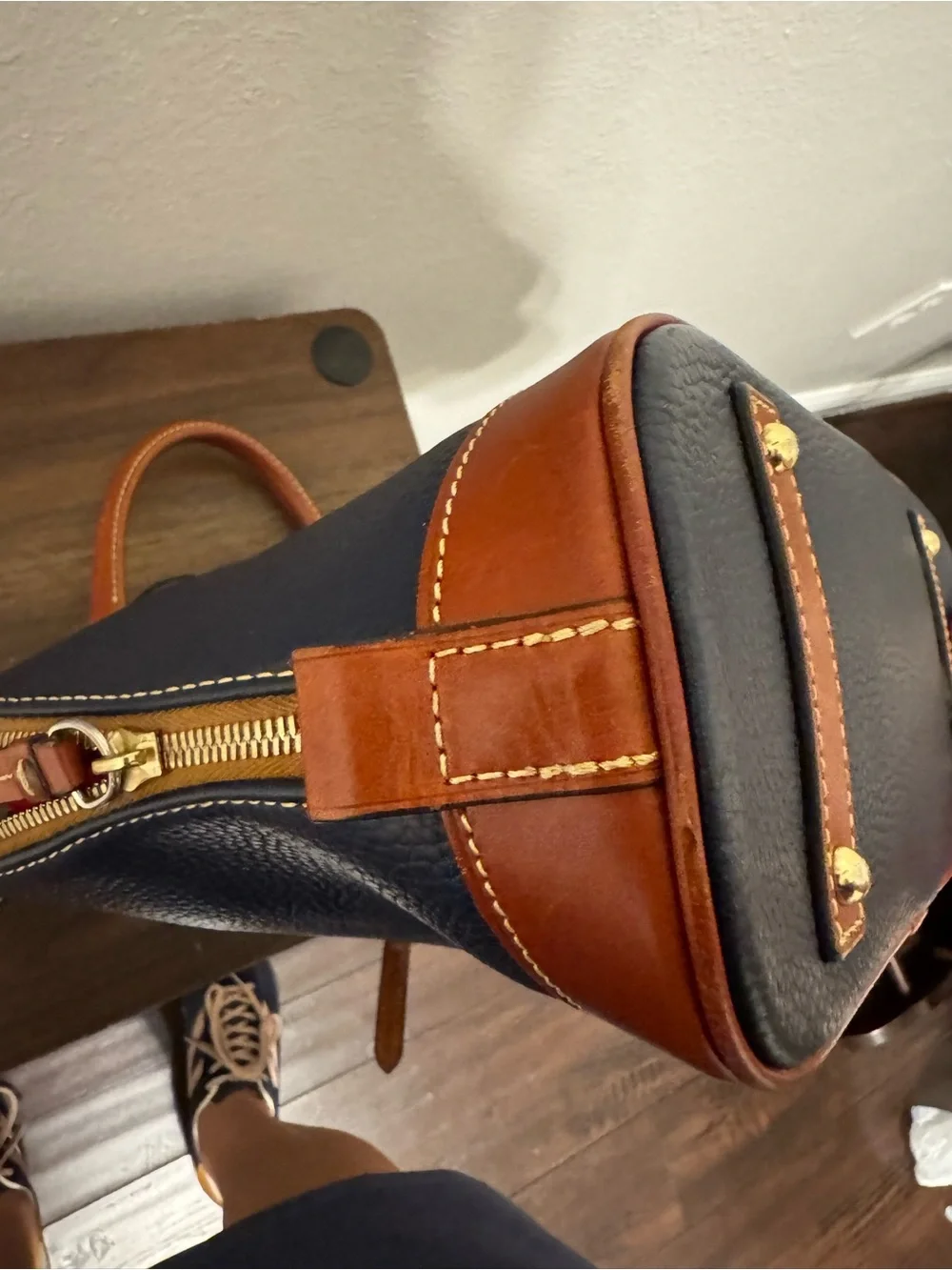 Dooney & Bourke Navy and Tan Pebble Grain Leather Satchel